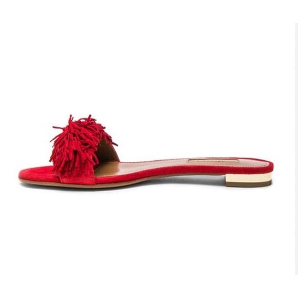 NEW Aquazzura Wild Thing Red Suede Fringe Slide Flats EU 37.5 - Picture 2 of 9